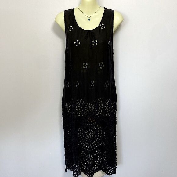 Johnny Was Dress Black Eyelet Free Fitting MIDI Nwot Size Small - Picture 1 of 7